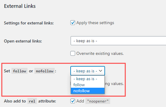 set link parameter to nofollow with external links plugin