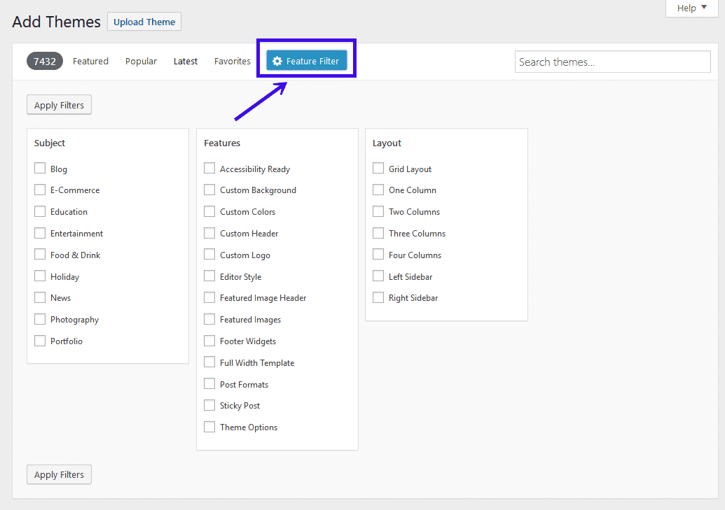 feature filter option to sort wordpress themes