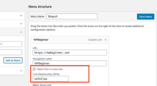 new tab setting for links in wordpress
