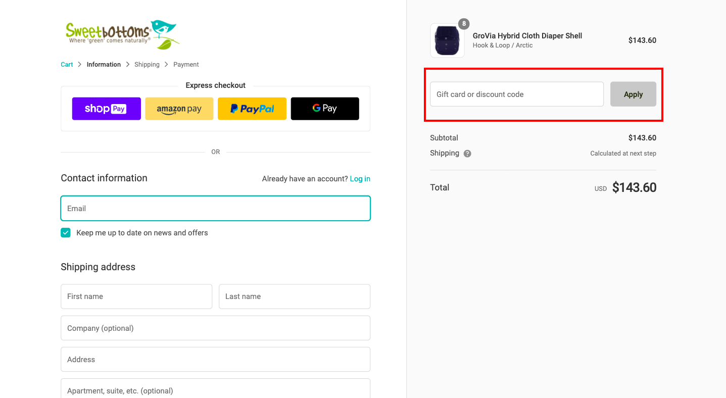 checkout page to Apply Sweetbottoms Baby Discount Codes