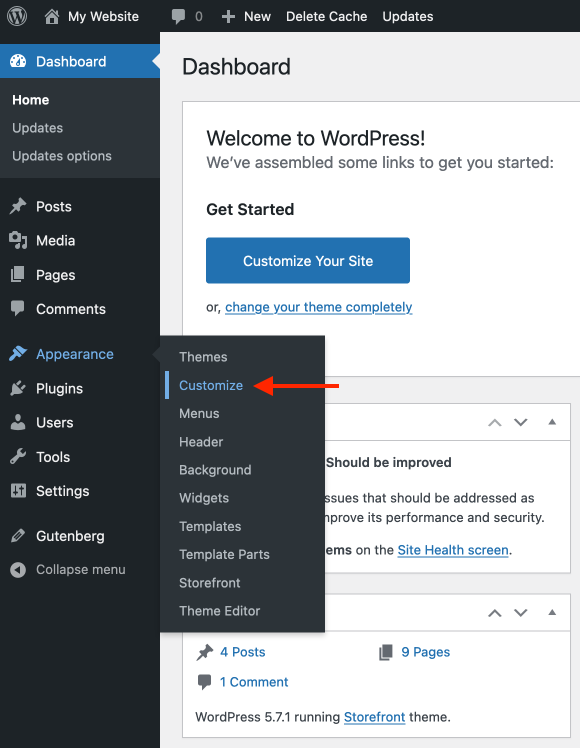 wordpress theme customizer and appearance menu