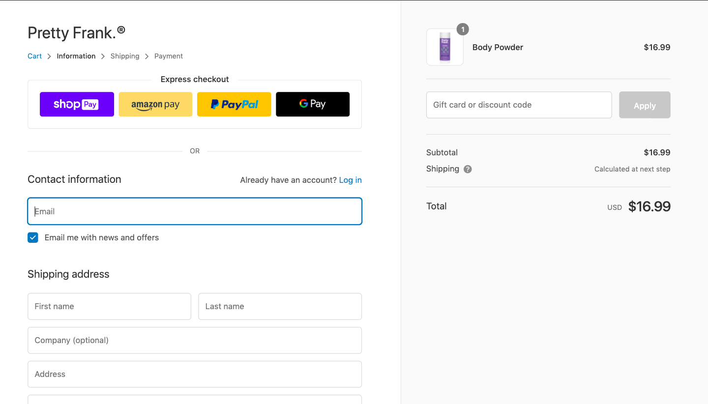 checkout page to Apply Pretty Frank Discount Codes
