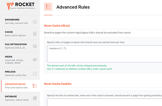 advanced caching rules in wp rocket