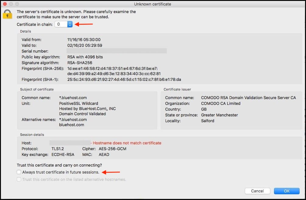 server certificate from filezilla after establishing connection with web host