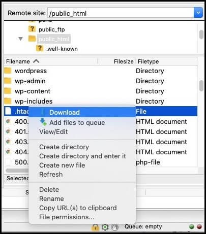 download htaccess file from filezilla to transfer wordpress files via ftp