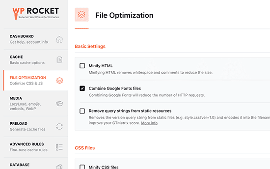 install file optimization setting in wp rocket