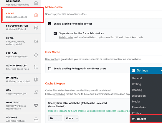 set up cache via wp rocket in wordpress