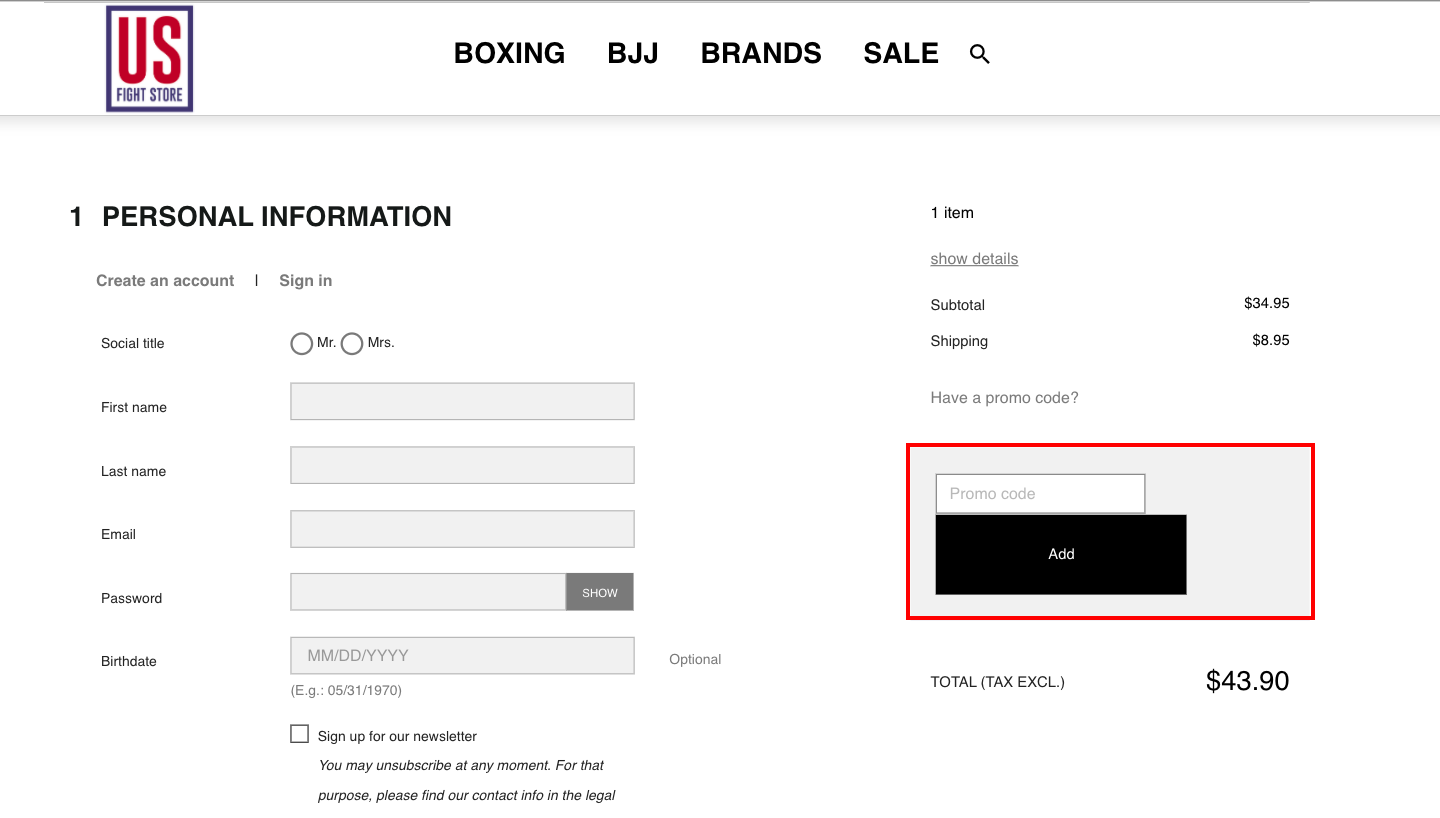 Checkout page for Applying US Fight Store Promo Codes