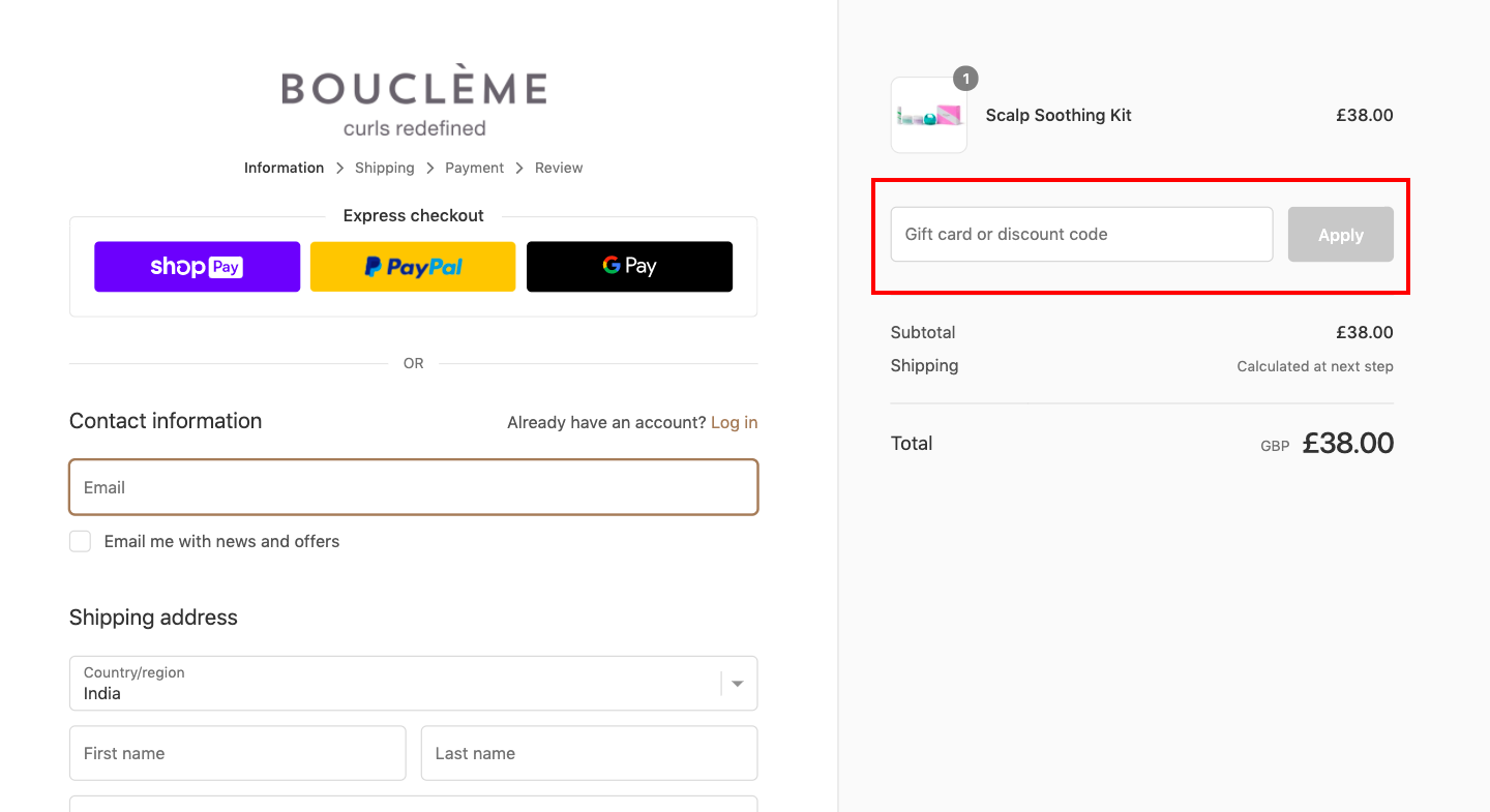 checkout page to Apply Boucleme Discount Codes