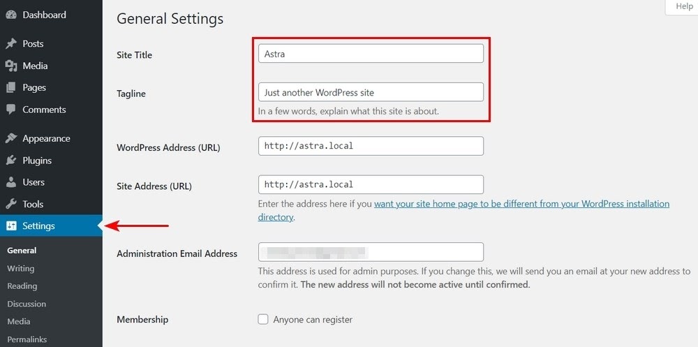 change wordpress site settings