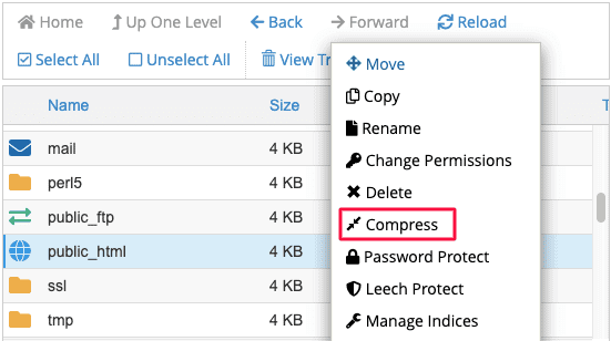 compress wordpress files in cpanel