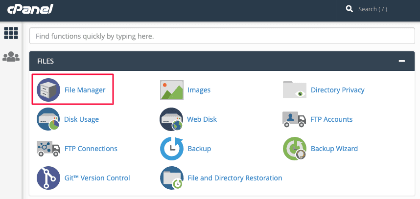 open cpanel file manager to make the database backup for wordpress