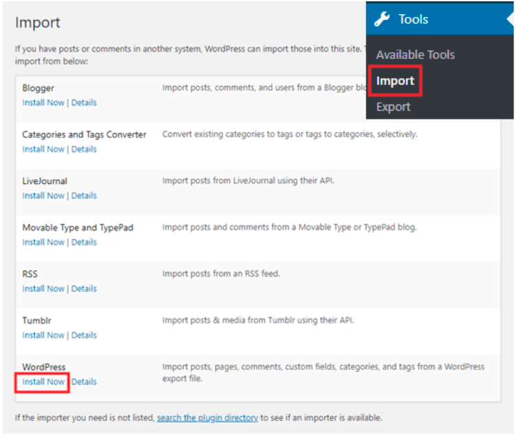 download wordpress importer to import files