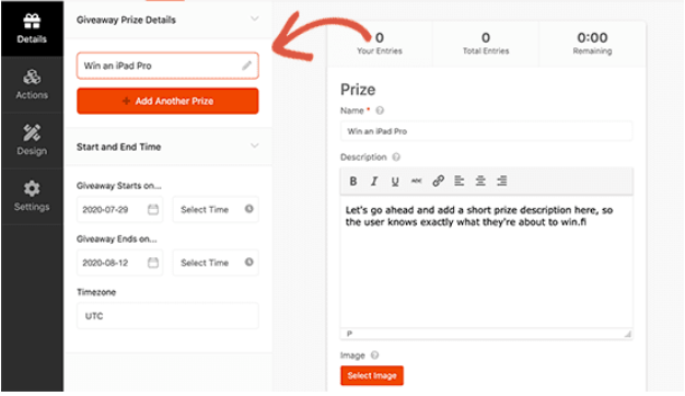 edit prize details in raffle press before running the social media contest