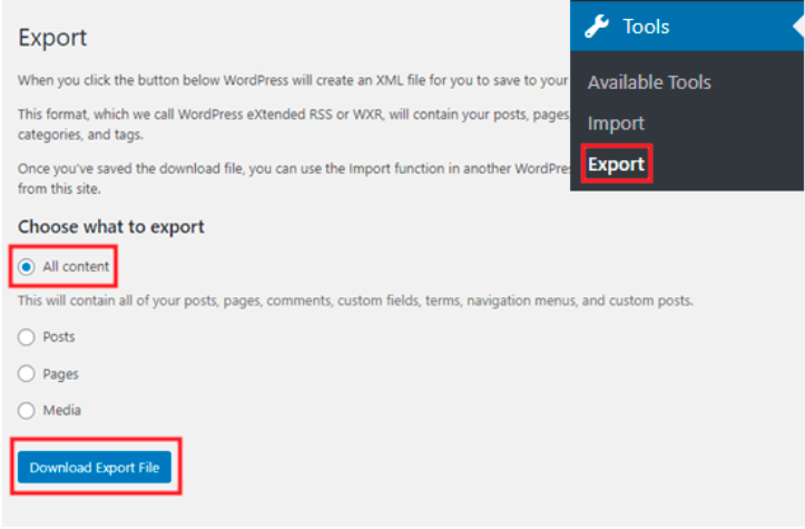 export wordpress files from default wordpress dashboard