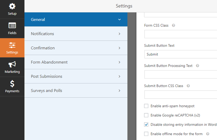 general settings login form in wpforms