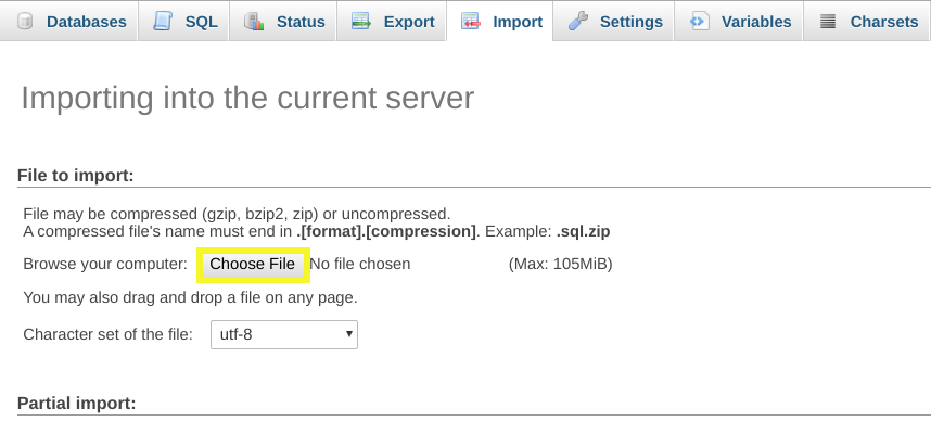 import wordpress database files into current server to restore later