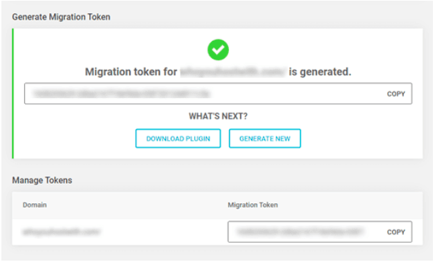 migration token from siteground migrator to export a wordpress website
