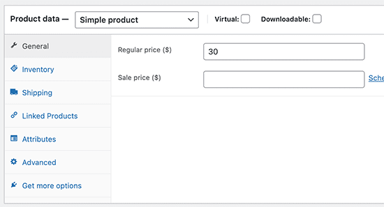 add product data on woocommerce like pricing and size