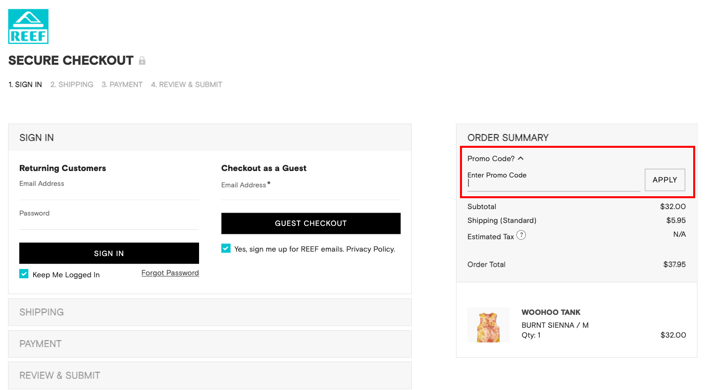 checkout page to Apply Reef Promo Codes