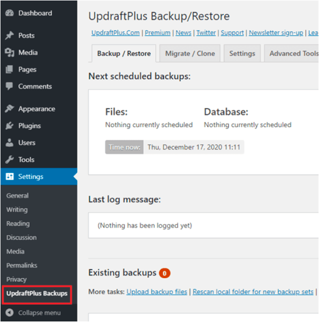 updraftplus to export wordpress website and backup