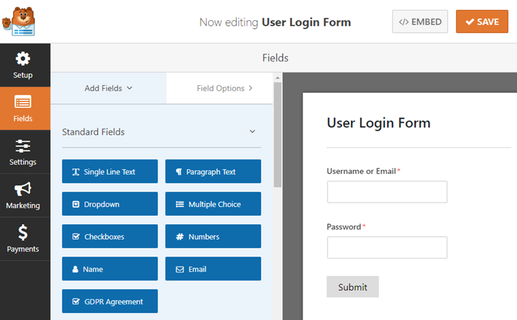 set up new user login form in wordpress with wpforms