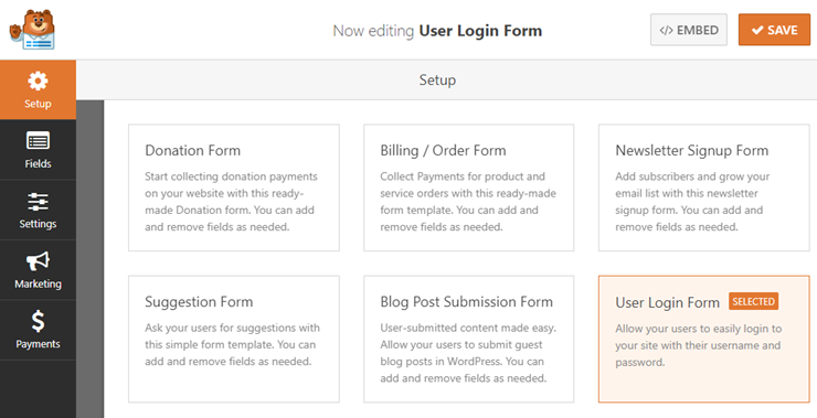 add new user login form with wpforms