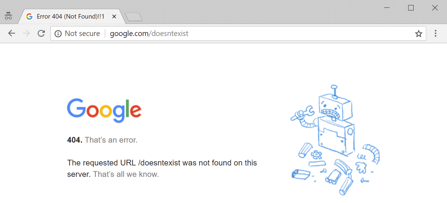 404 error showing on chrome browser