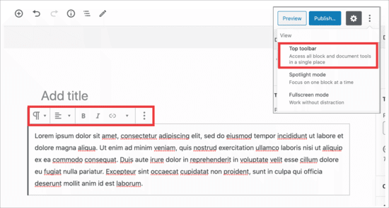 wordpress editor block tool bar