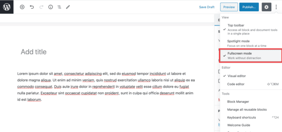 fullscreen editor settings in wordpress