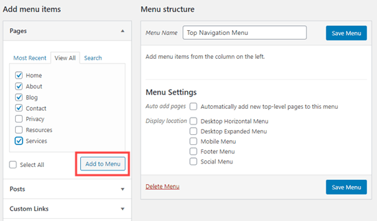 add navigation option to menu in wordpress