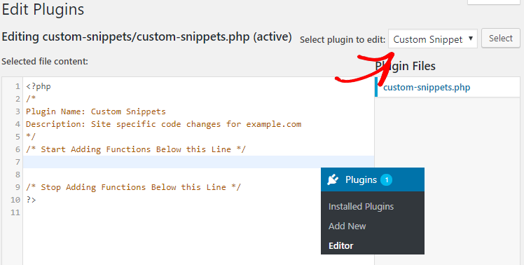 add code snippets to site specific plugin