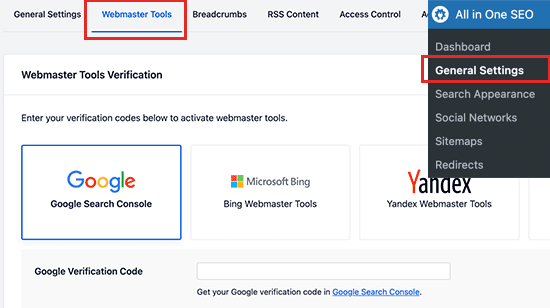 webmaster tool settings