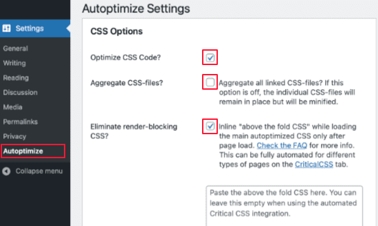 autoptimize css settings