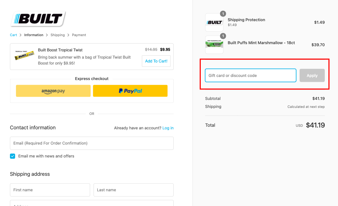 Checkout page for Applying Built Bar Discount Codes