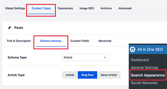 content types tab in aioseo plugin