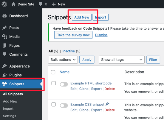 adding code snippets in wordpress