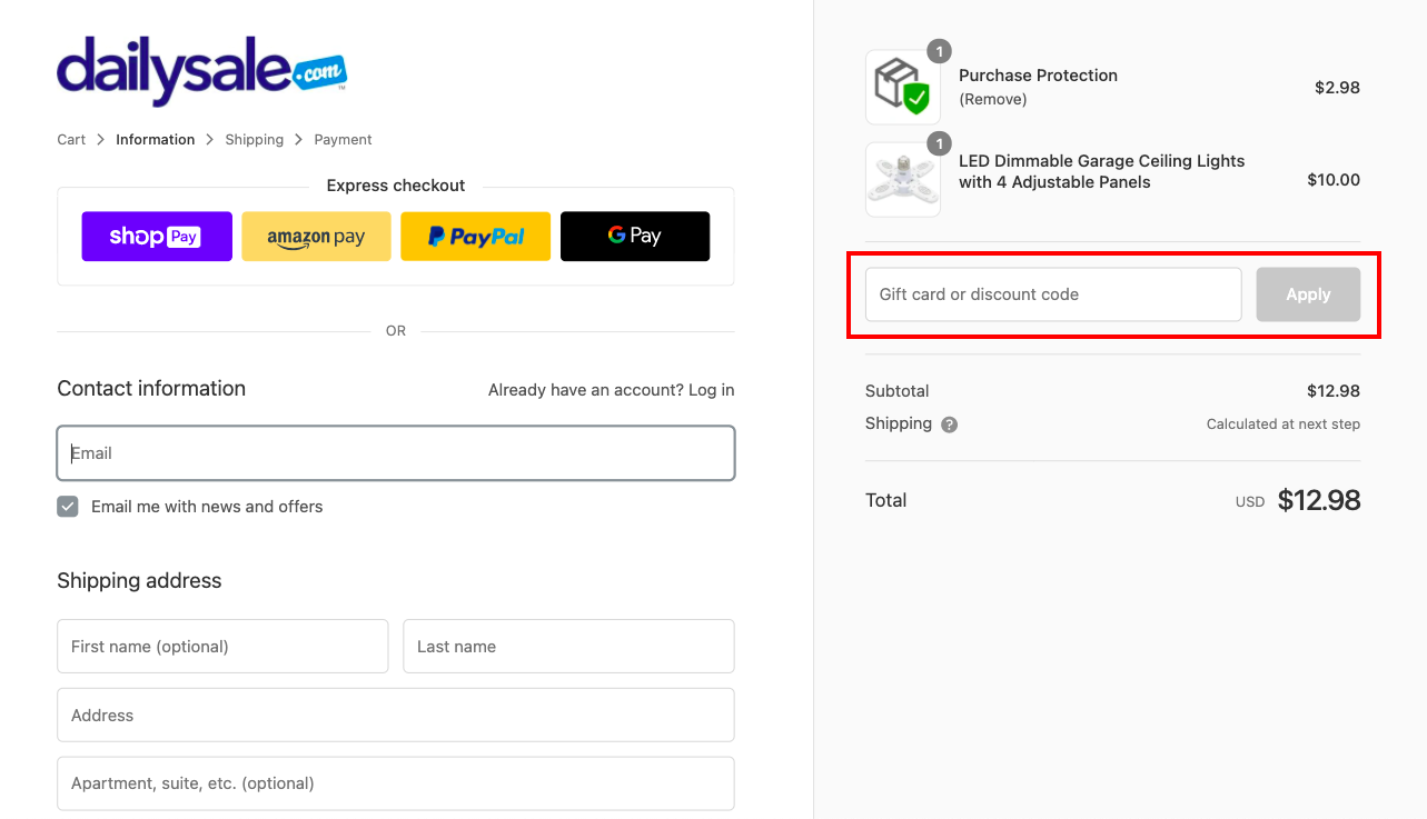 checkout page to Apply DailySale Discount Codes