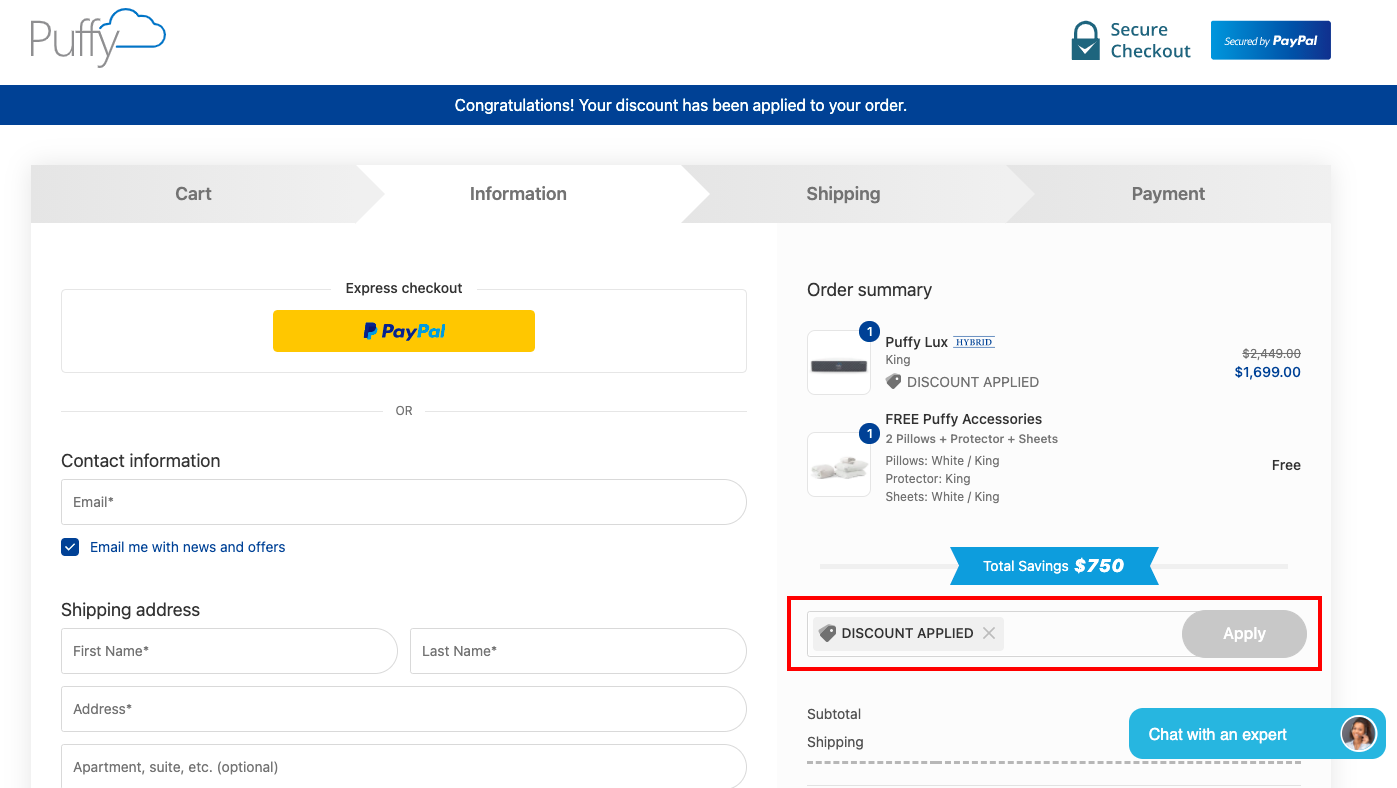 checkout page to Apply Puffy Discount Codes