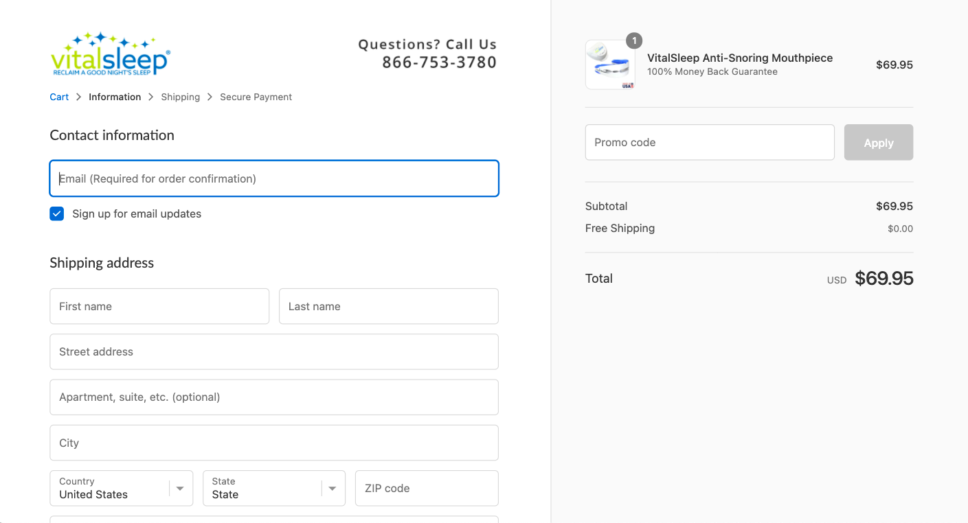 checkout page to apply vital sleep promo codes