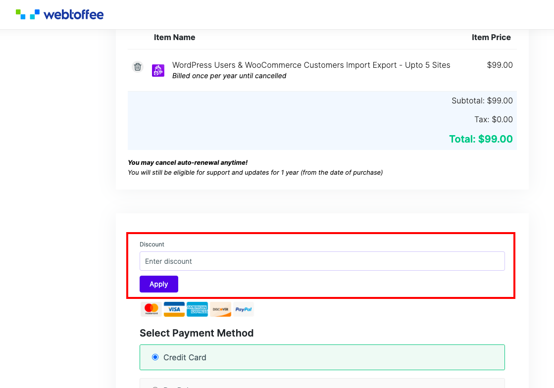 webtoffee checkout page to Apply WebToffee Discount Codes