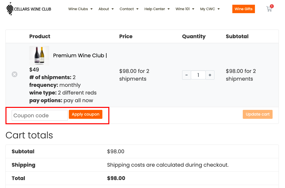 checkout page to Apply Cellars Wine Club Coupon Codes