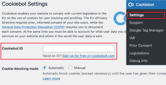 cookiebot settings