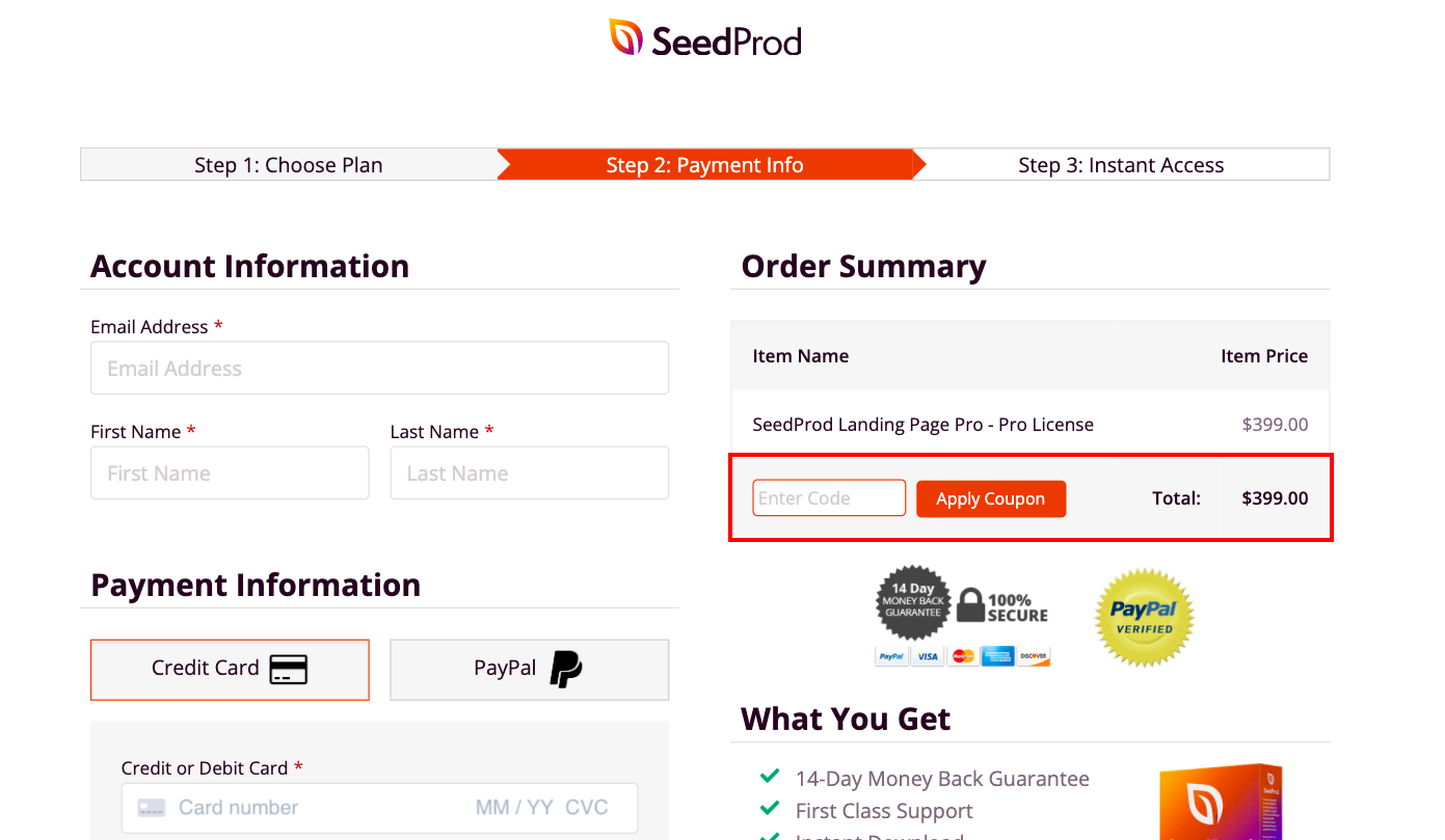 checkout page to Apply SeedProd Coupon Codes