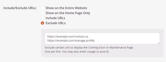 seedprod setting to show maintenance mode for selective web pages