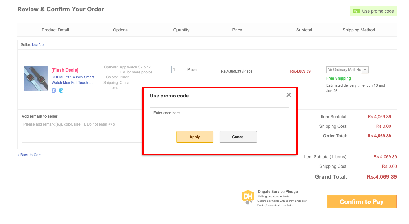 checkout page to Apply DHgate Promo Codes