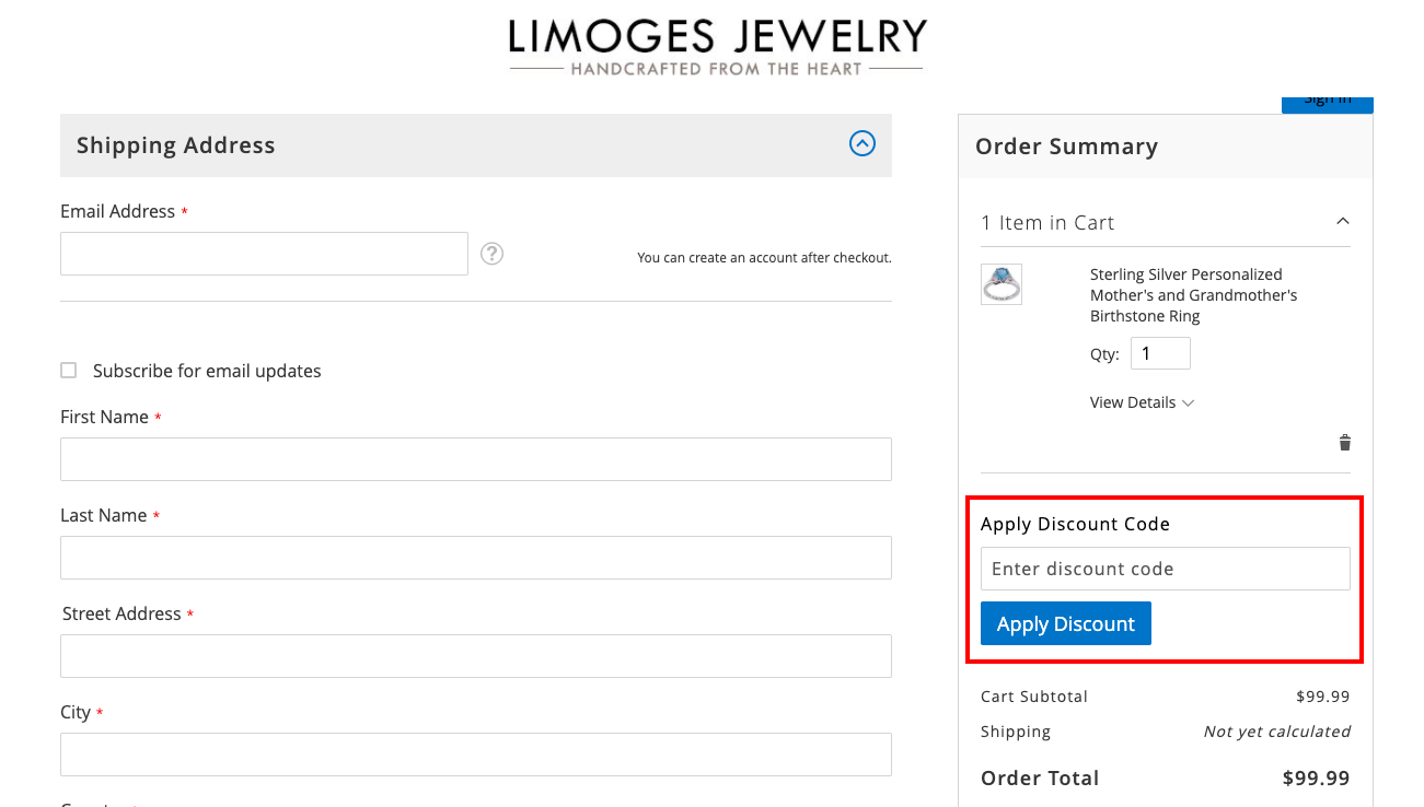 checkout page to apply limoges jewelry discount codes