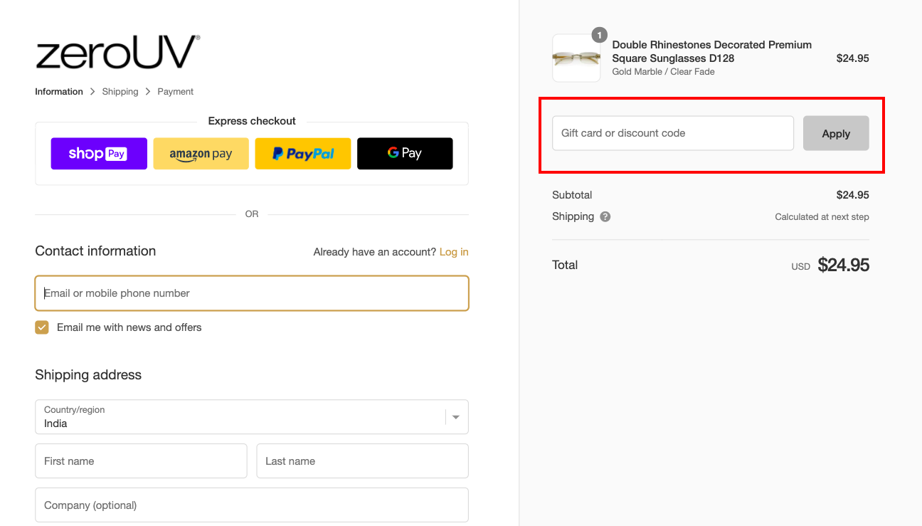 checkout page to Apply zeroUV Discount Codes