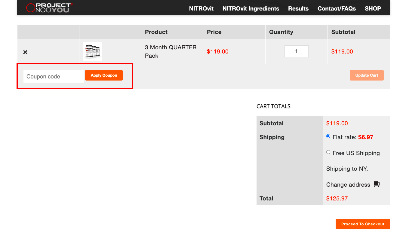 Checkout page for applying Project Noo You Coupon Codes