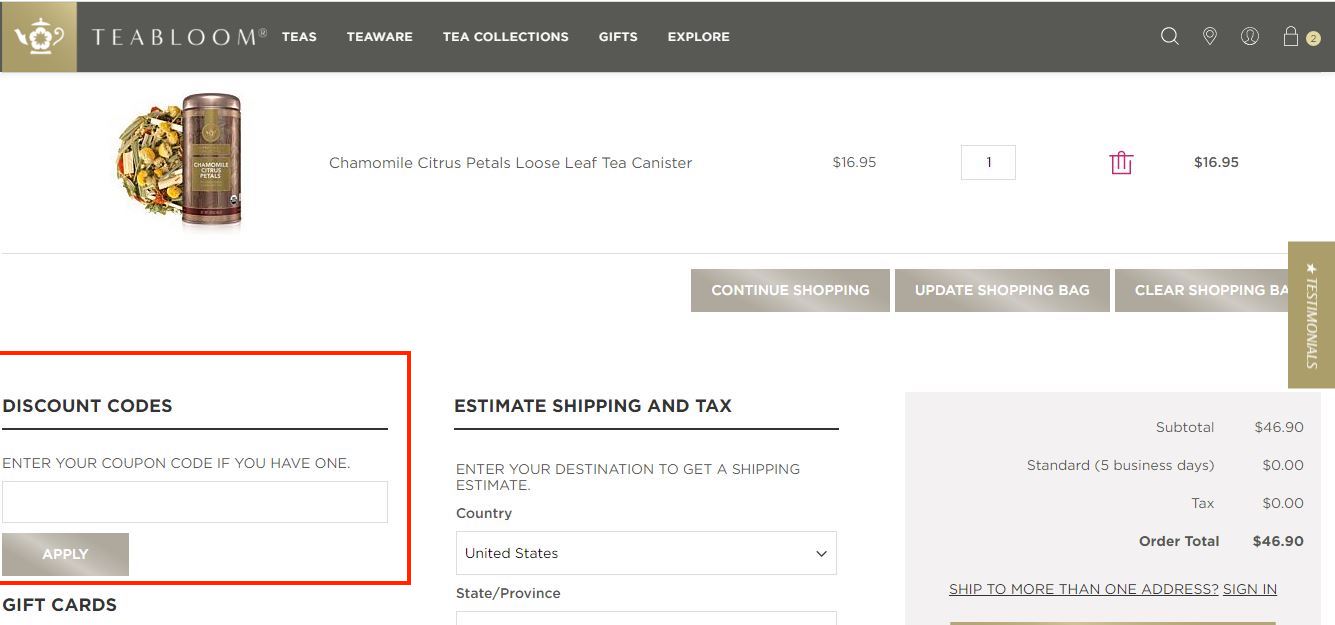 teabloom checkout page to apply teabloom discount codes